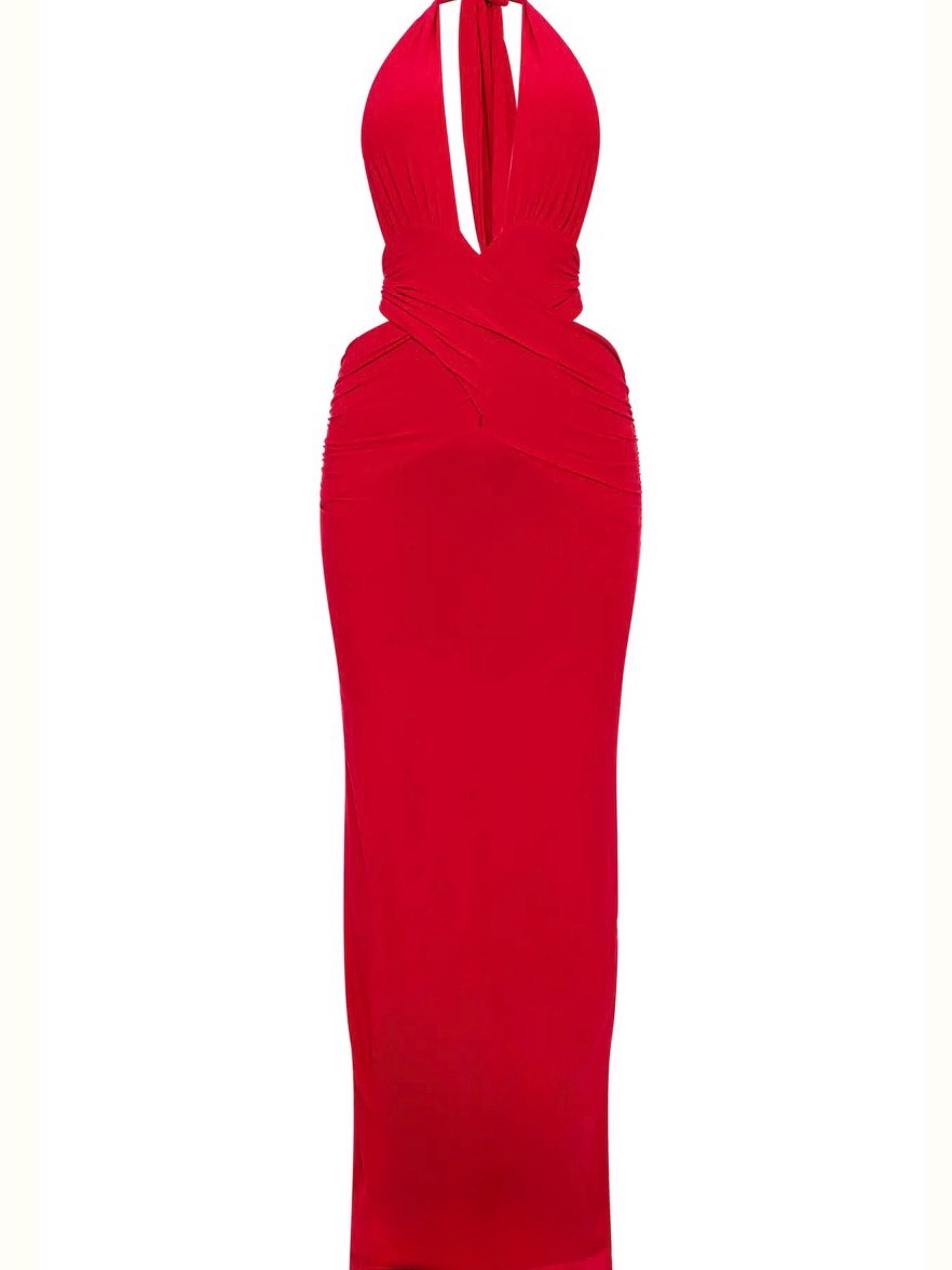 Prettylittlething Red Backless Halter Maxi Dress